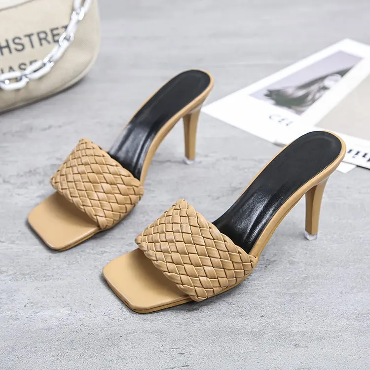 

Brand Summer Fashion Slippers High Heel Square Toe High Quality Solid Color PU High Heels Sandals Women's Plus Size Slippers