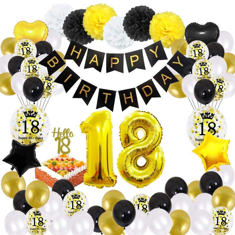 50pcs/Set 18 Birthday Party Decorations Black Gold Balloon Happy Birthday Banner 18th Years Birthday Bar Mitzvah Anniversaire