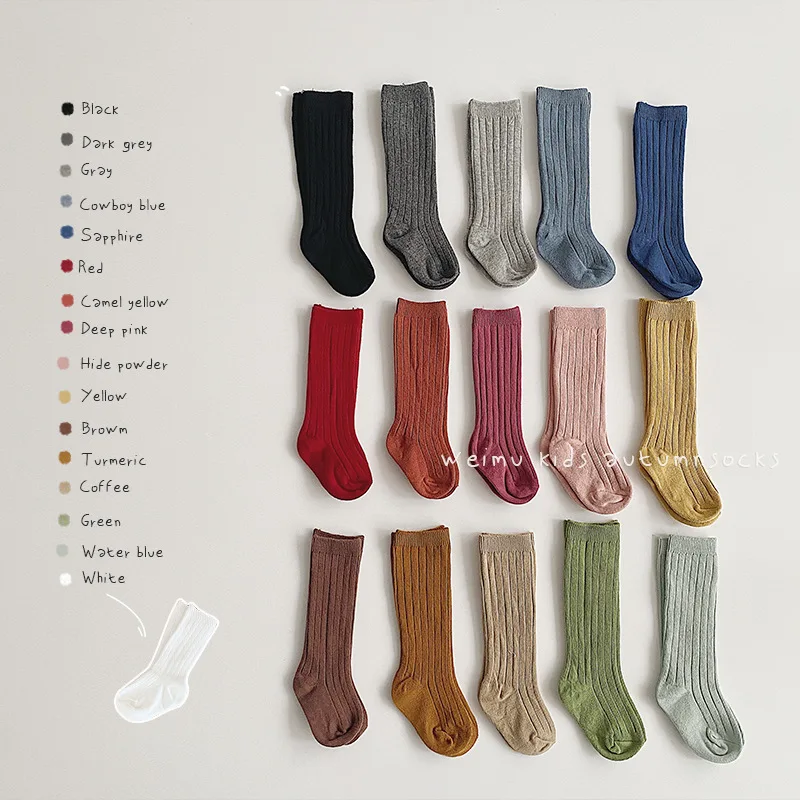 

Высококачественные детские носки для новорожденных ярких цветов, высокие носки для маленьких девочек и мальчиков, однотонные хлопковые в рубчик и полоску