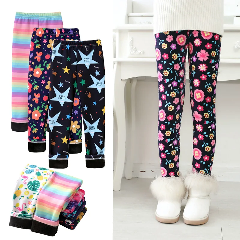 

Колготки для девочек, леггинсы, осенне-зимние брюки-карандаш с цветочным принтом звезд, Стрейчевые брюки, толстые облегающие брюки