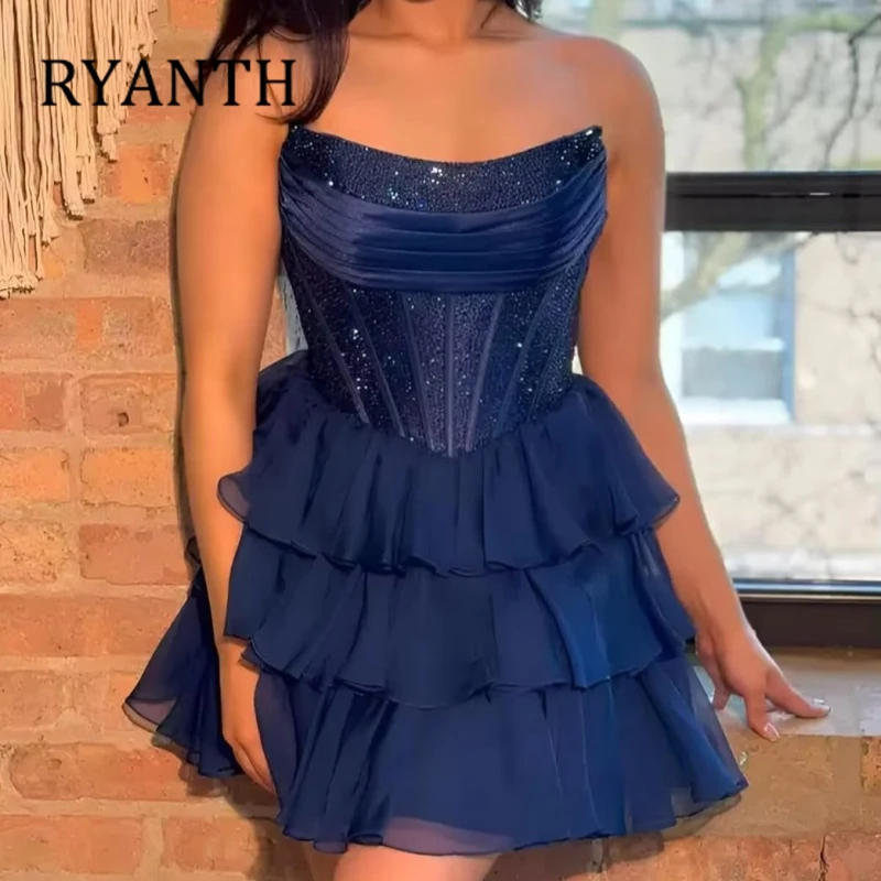 Фото Шифоновые платья RYANTH с пайетками для выпускного вечера, многоярусные коктейльные платья для подростков, корсетное платье без бретелек для выпускного бала, индивидуальный пошив №2