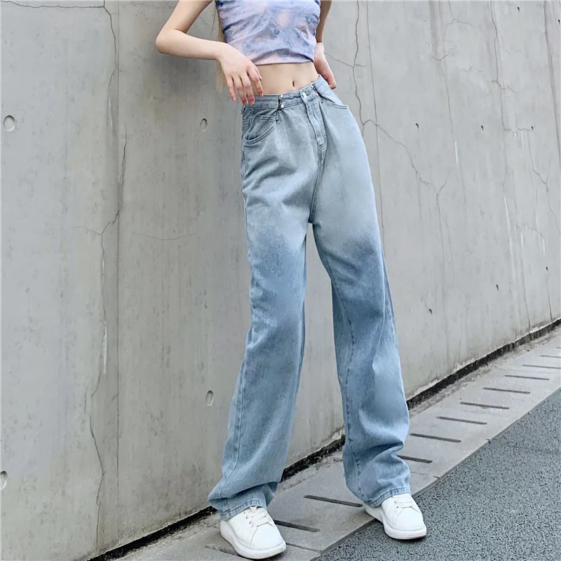 Women Summer New Casual Loose Denim Pants 2021 Low Waist Mom Fit Straight Wide Leg Jeans Gradient Light Blue Baggy Jean Female