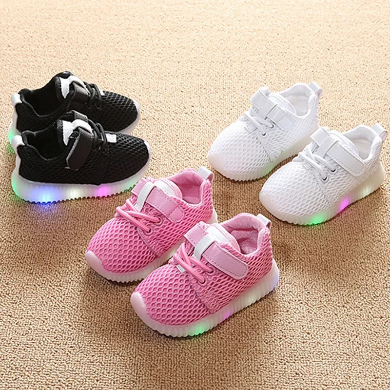 Fashion Mesh Breathable Infant Tennis Glowing LED Lighted First Walkers Toddlers Hot Sales Baby Boys Girls Shoes Sneakers