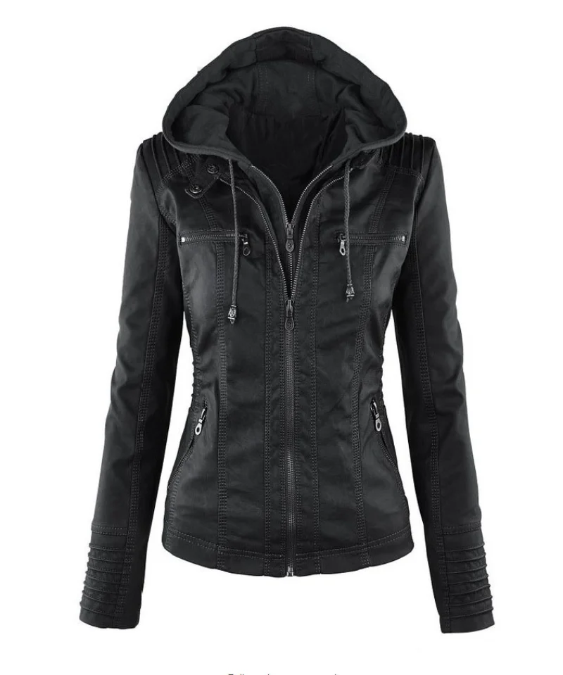 Winter Women's Hooded Slim Leather Jacket Coat Women