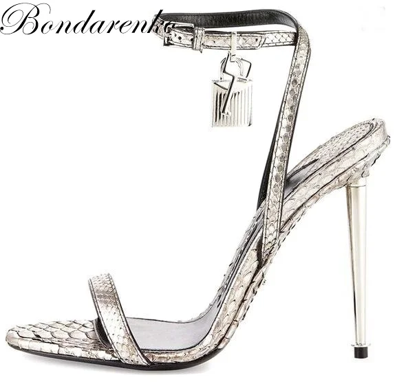 Padlock Metallic Leather Stiletto Sandals Womens Gold\Sliver Pointy Toe Pump Luxury Design Thin Metal Heel Big Size Dress Shoes