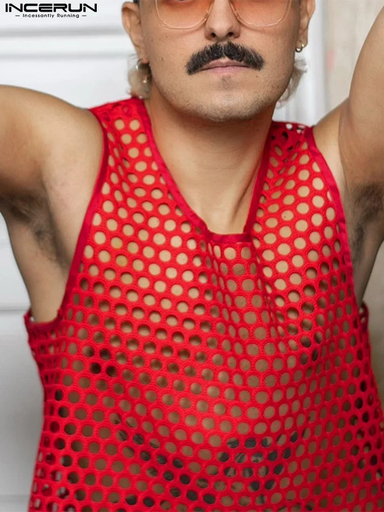

Sexy Leisure Style New Men Waistcoat Hollow Breathable Mesh Tank Tops Fashion Male Short Side Zip Vests S-5XL INCERUN Tops 2022