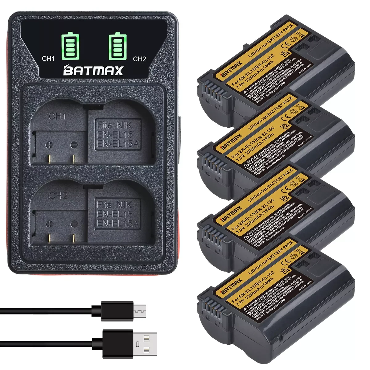 

NEW2023 Batmax 2280mAh EN-EL15C EN-EL15 Battery+LED USB Dual Charger for Nikon Z5,Z6,Z6 II,Z7,Z7II D600 D610 D600E D800 D810 D80