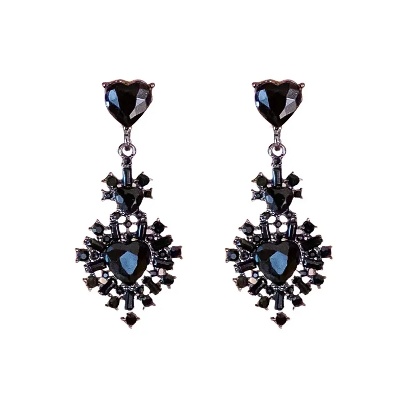 Женские серьги-сердечки с инкрустацией стразами корейские модные черные