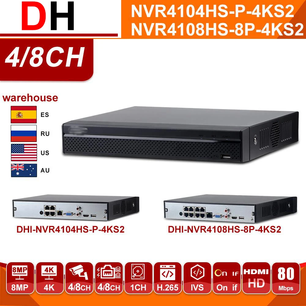

DH оригинальный NVR2104HS-P-S2 NVR2108HS-8P-S2 4/8 CH POE NVR 1U PoE сетевой видеорегистратор Full HD 6MP запись для ip-камеры