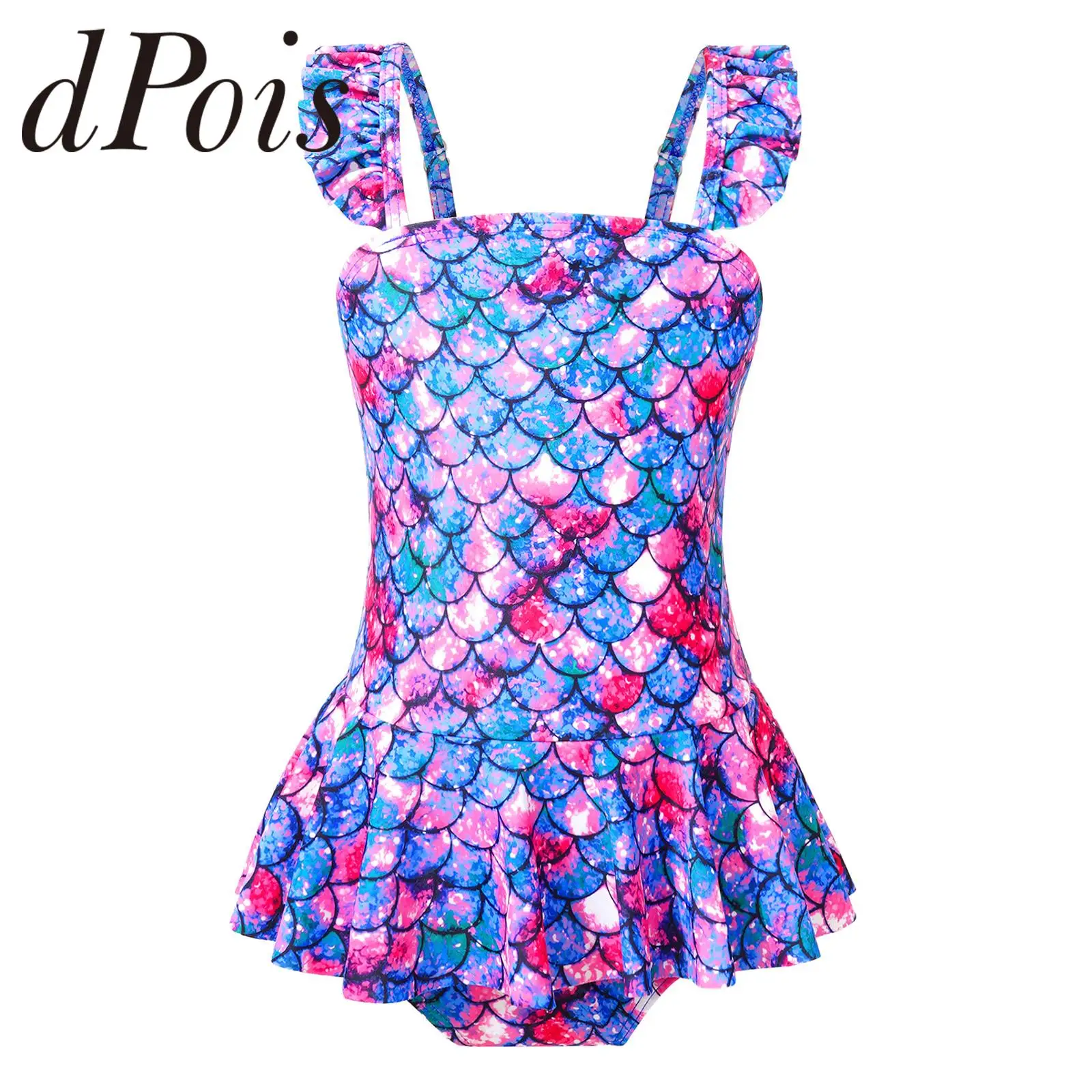 

Kids Girls Fish Scales Print Ruffled Swimwear One-piece Swimsuit Sleeveless Jumpsuit Surfing Bathing Bodysuit Pool Beach Wear