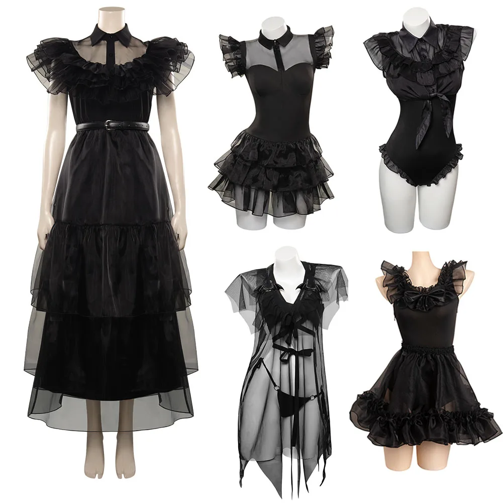 

Wednesday Addams Wednesday Cosplay Female Girls Dress Costume Black Gothic Jumpsuit Swimwear Halloween Carnival Roleplay Suit
