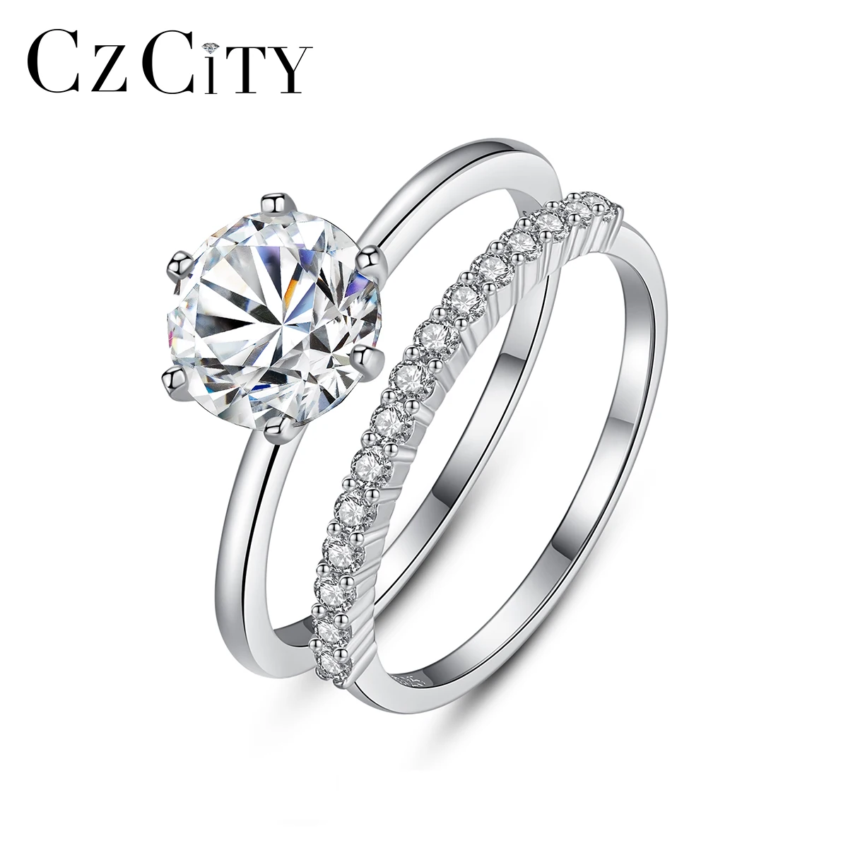 

CZCITY 925 Sterling Silver Stackable Rings Unique Women Cubic Zirconia Eternity Wedding Finger Ring Sets Party Jewelry Gifts