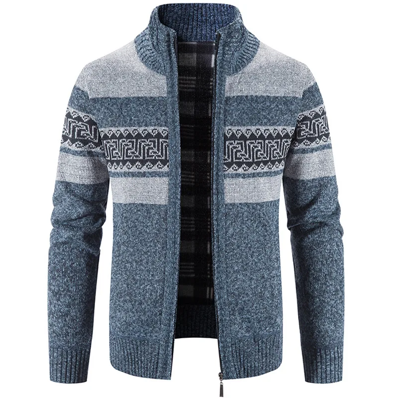 Men's Cardigan Print Sweater Jacket Casual Male Clothing Stand Collar Sweater Thickened Sweater Autumn Winter Cardigan Coat