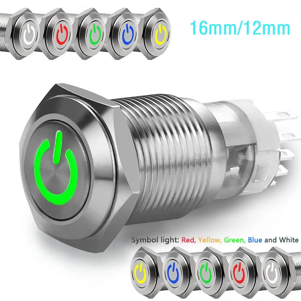 

1pc 16/12mm 12V Car LED Power Momentary Push Button Metal ON/OFF Switch Latching Waterproof