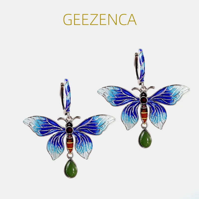 

GEEZENCA 925 Sterling Silver Enamel Butterfly Jasper Dangle Earrings For Women Ethnic Vintage Chinese Style Drop Earring Gift
