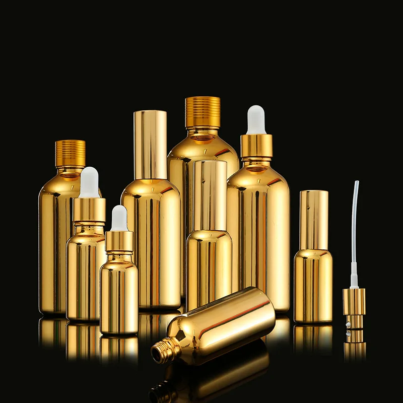 

10 30 50 100ml Gold Glass Dropper Bottle Essential Oil Vial Glue Head Press Drop Spray Lotion Bottles Cosmetic Packing