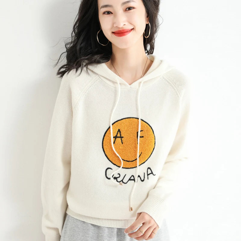 

Autumn Winter New Hooded Knitted Sweater Women's Loose Leisure Sports Pullover Fashion Smiley Face Jacquard Versatile Coat