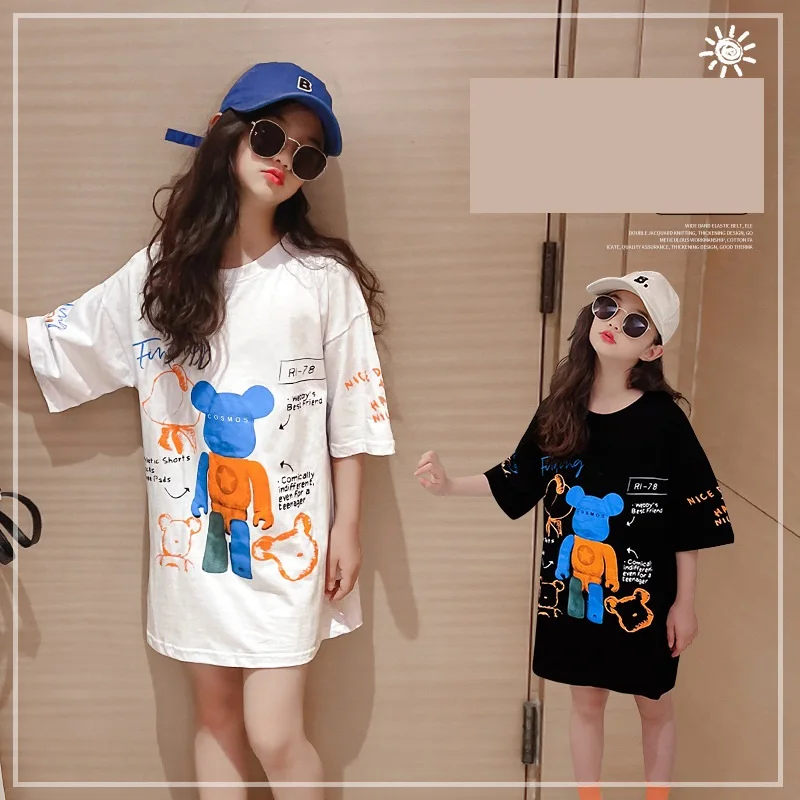 

Summer cotton Kids Girls Long Tops Cartoon Print Short Sleeve Cotton T shirts 8 10 12 years Teenage Girls Outfit t shirt dress