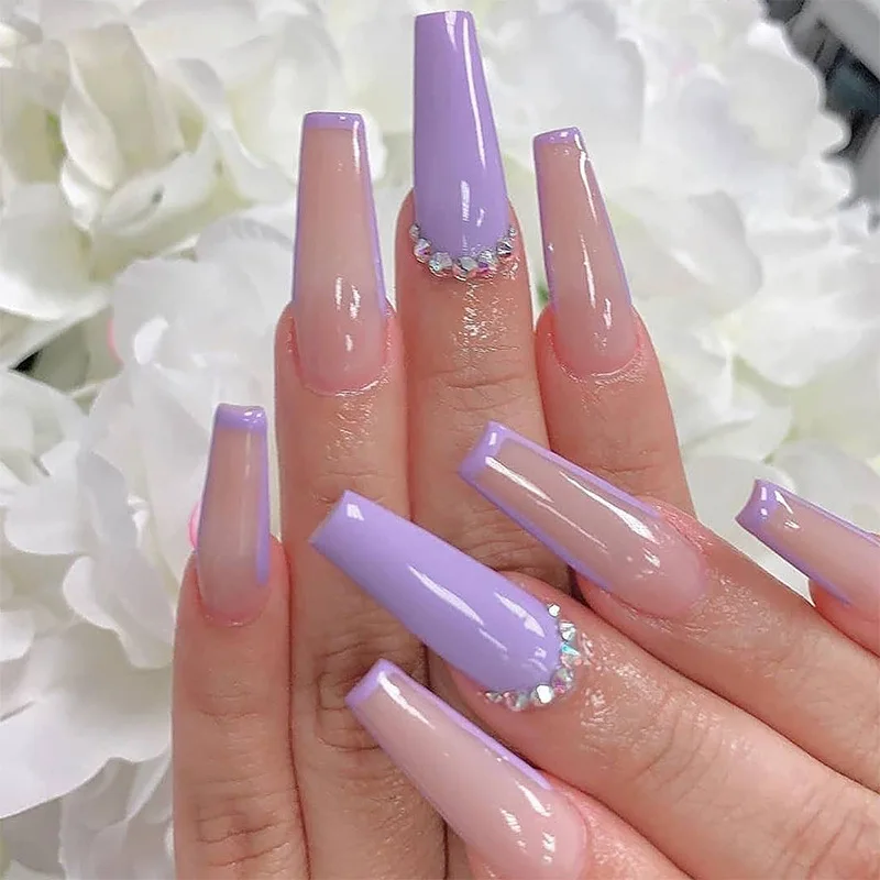 

Detachable Purple With diamond French Long Coffin False Nails Wearable Ballerina Fake Nails Full Cover Nail Tips Press On Nails