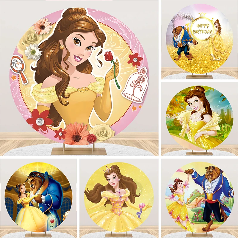 

Disney Round Beauty And The Beast Backdrop Princess Girls Happy Birthday Party Photo Background Cake Table Cover Decor Banner
