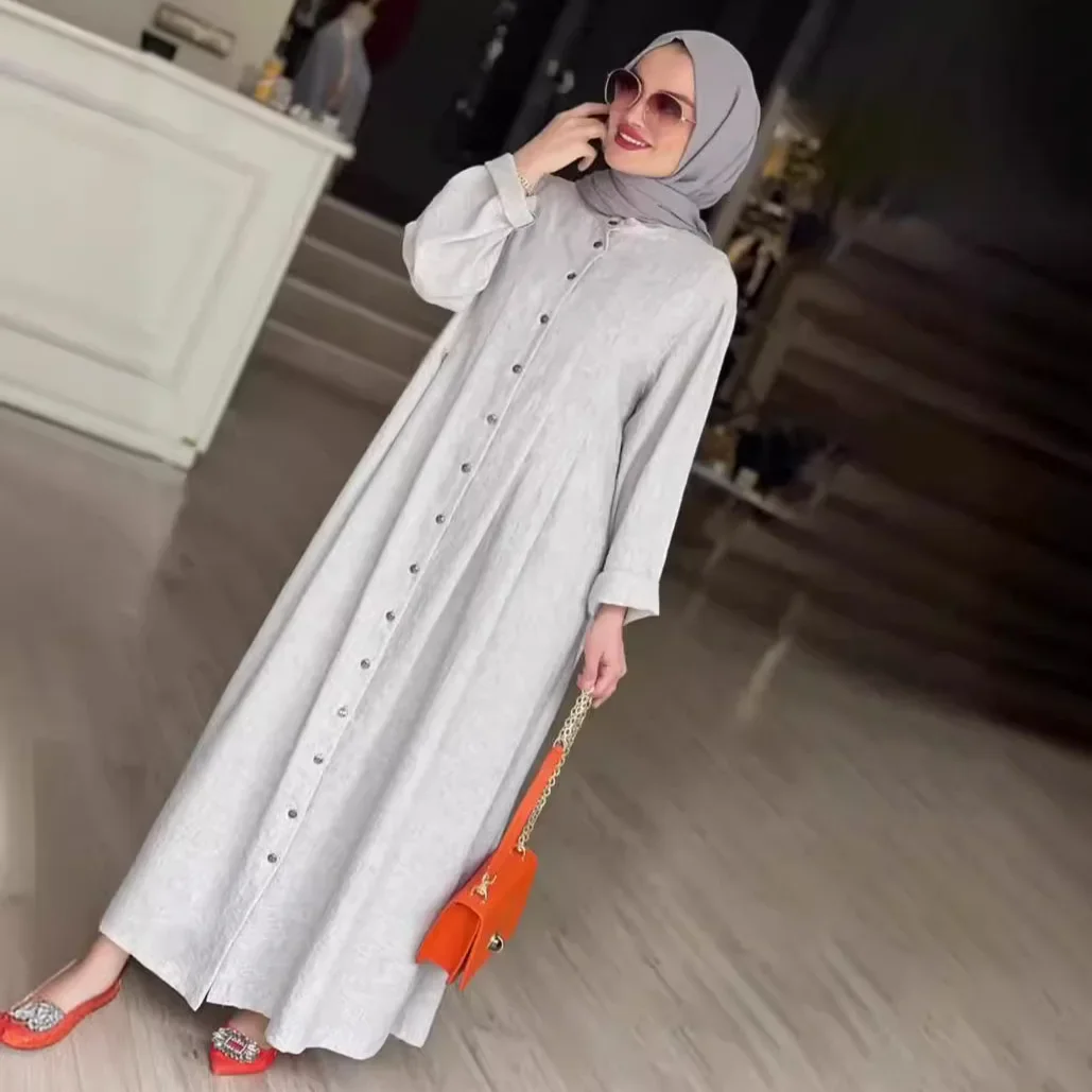 Мусульманский длинный халат абайя для женщин платье-рубашка на пуговицах