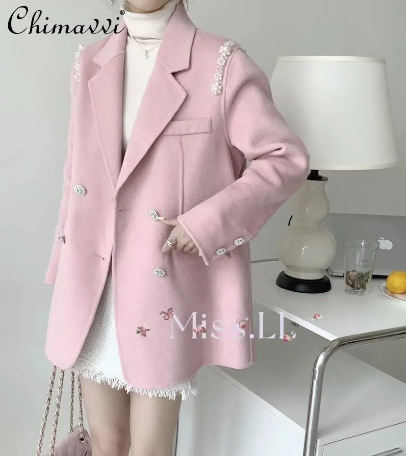 

Autumn Winter New Fashion Pink Suit Collar Beads Reversible Cashmere Coat Short Sweet Temperament Woolen Jacket Women All-match