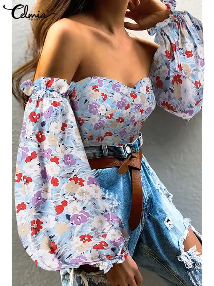 

Уличная одежда Celmia, летние рубашки с длинным рукавом-фонариком, пикантная туника с цветочным принтом и открытыми плечами, женские модные бл...