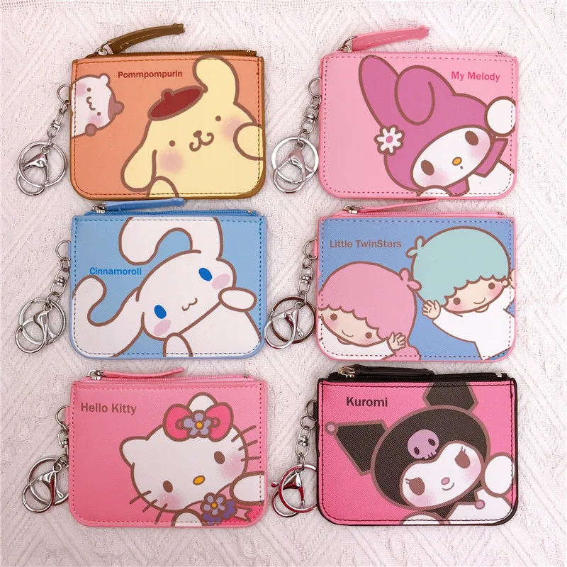 

Кожаный держатель для карт в стиле аниме Sanrioed Kawaii My Melody Kuromi Cinnamoroll Kt, кошелек для монет, женский брелок в форме сердца для рюкзака, подвеска