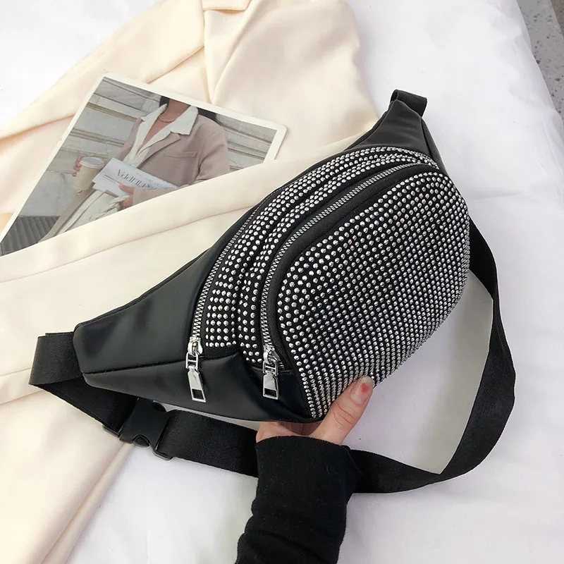 

New Rhinestone Waist Belt Bag Women Luxury Brand Chest Pack Fashion Shoulder Crossbody Bag PU Leather Fanny Pack