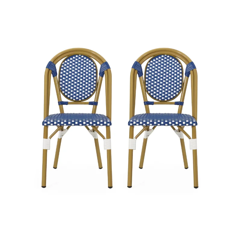 Drew Outdoor French Bistro Chairs, Set of 2, Blue, White, Ba