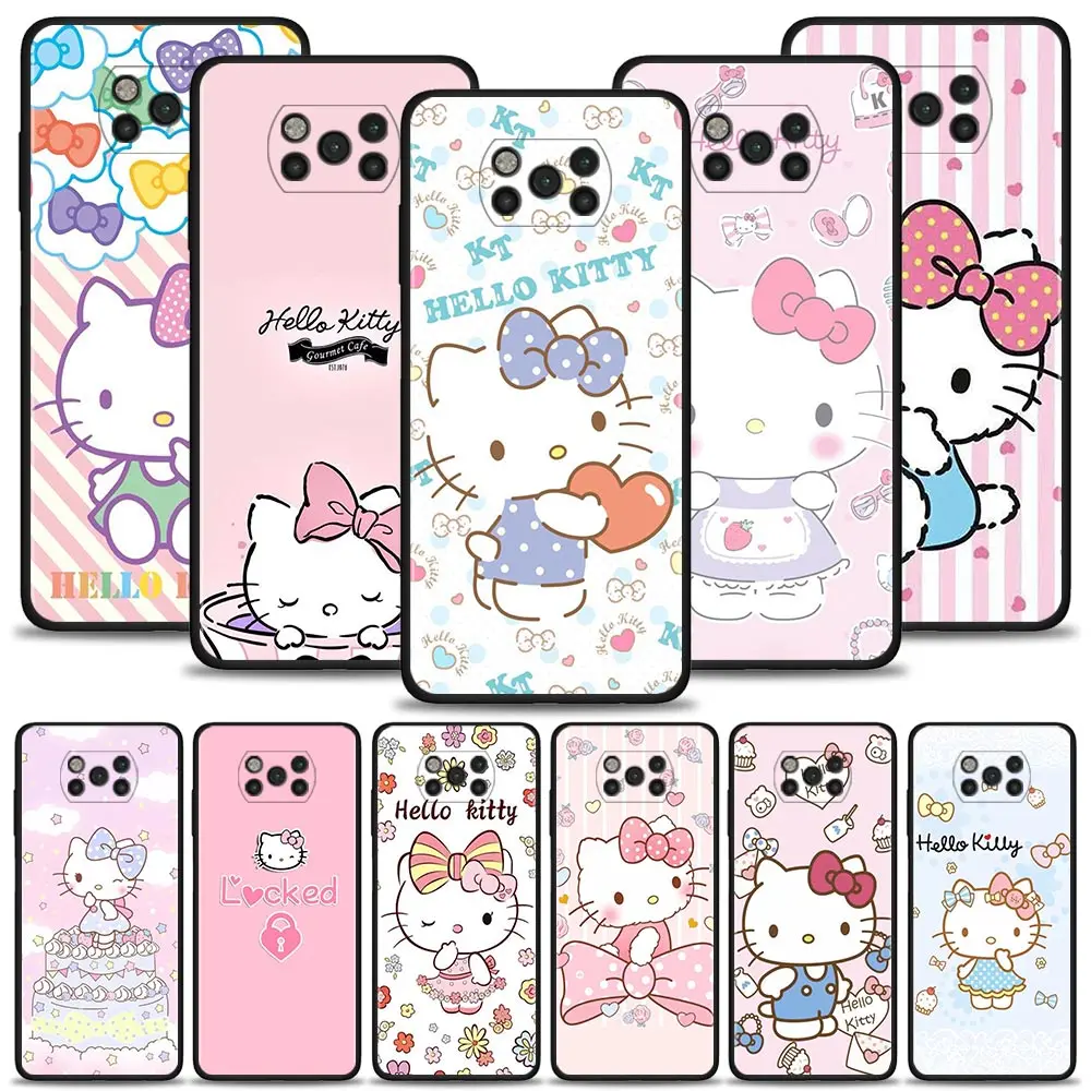 

For Xiaomi Poco X3 NFC M3 M4 Pro Case for Mi 12 Pro 12X 11 10T Note 10 A2 Lite 9 SE 9T Cartoon Hello Kitty Pink Blue Rosette