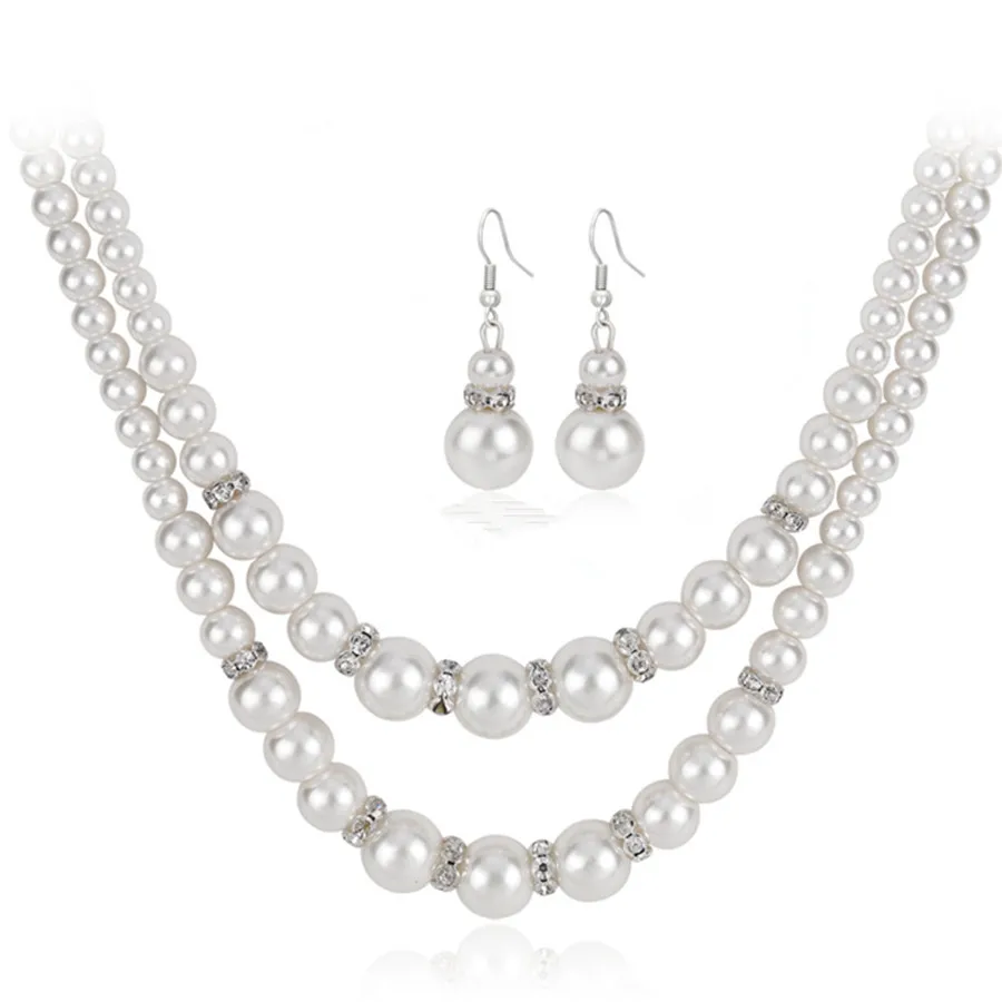 

Vintage Simulated Pearl Jewelry Sets For Women Party Bridal Crystal Double Layer Necklace Earrings Set African Jewelry Set
