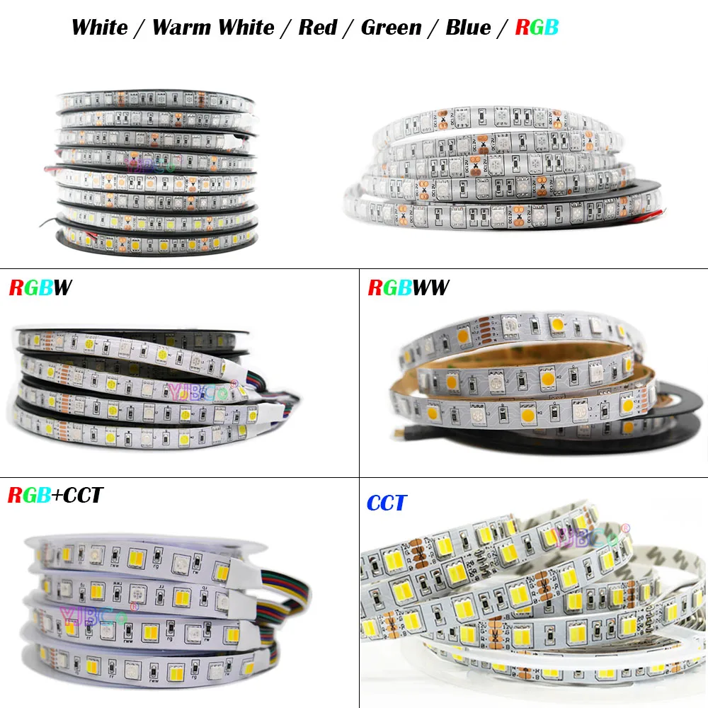 12V 24V 5M CCT/White/Warm White/Red/Green/Blue/RGB/RGBW/RGBWW/RGBCCT LED Strip Tape 60LEDs/m SMD 5050 Flexible Light Bar