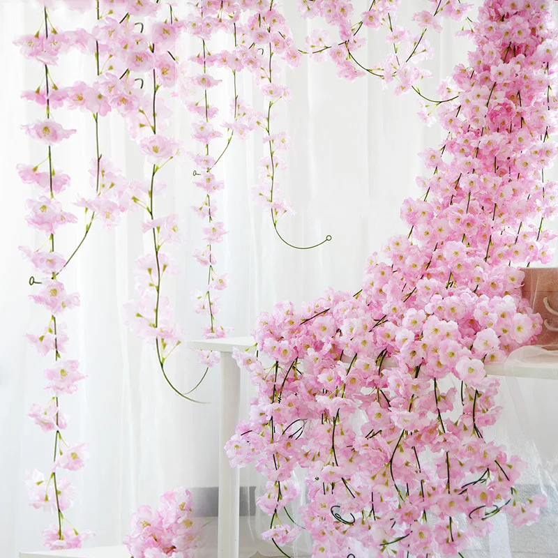 

230cm Pink Cherry Blossom Silk Artificial Vine Sakura Hanging Flowers For Wedding Wall Decoration Fake Leavse Garland Wreath Diy