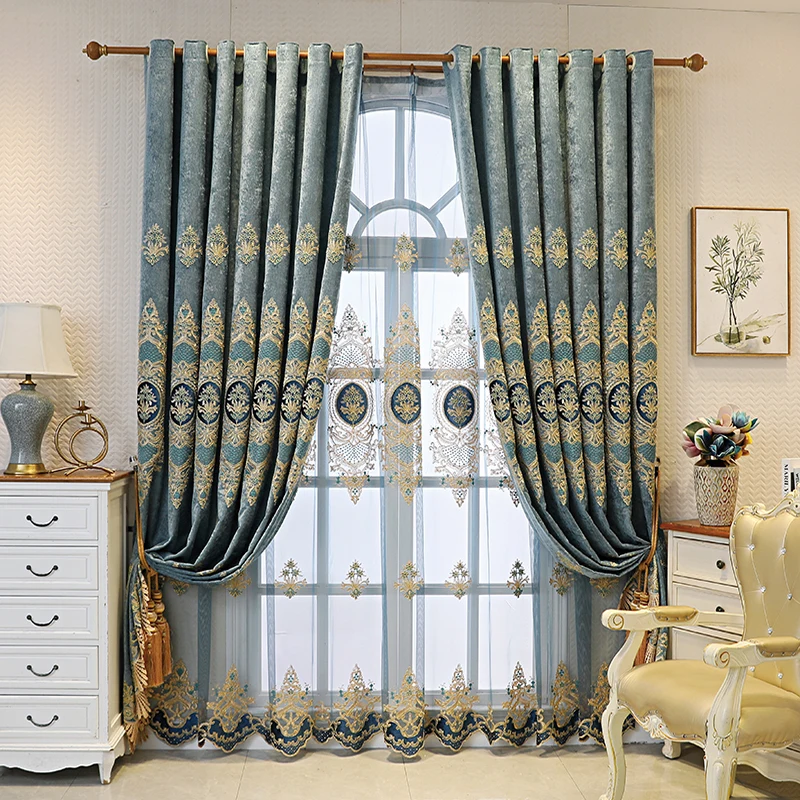 

European Style Luxury Chenille Embroidered Green Curtains for Living Room Bedroom Dining Villa Shading Window Drapes Custom Size