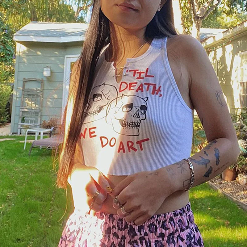 

Woman Top Fashion Summer 2022 Solid White Printed Short T-Shirt Corset Cropped Sexy Sleeveless U-Neck T-Shirt Street Wear