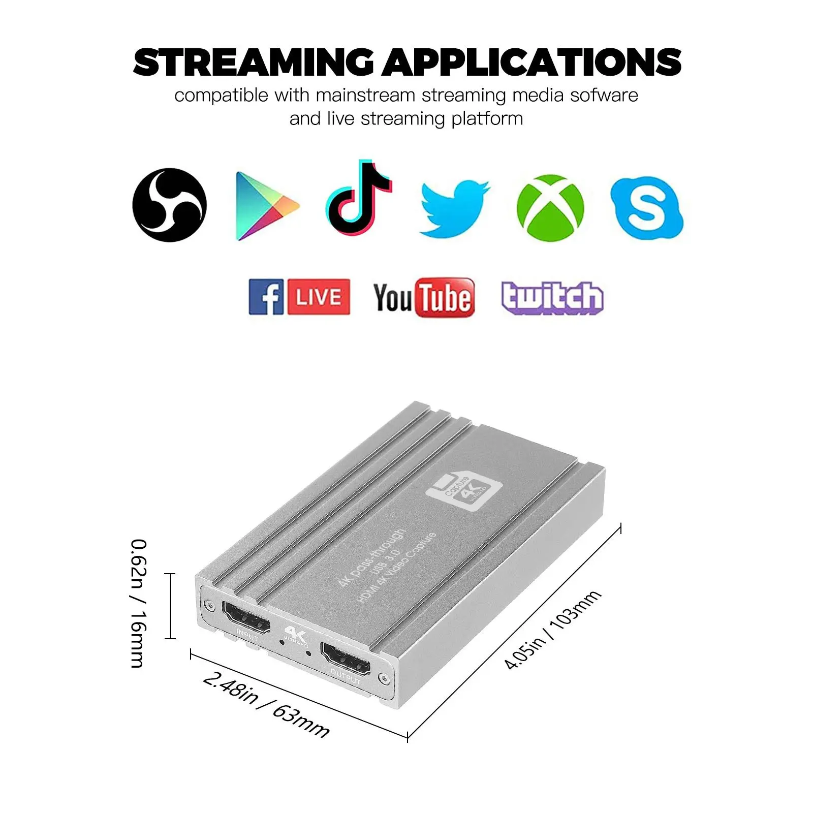HDMI Game Capture Card, Live Stream and Record In 4K for Game Recording Plate Live Streaming Box USB 3.0 Grabber for PS4