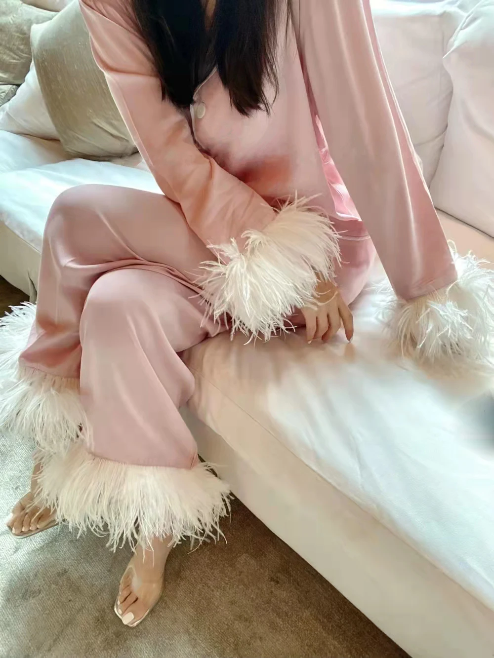 Women Fashion Cotton Pajamas Two-piece Suit Luxury Ostrich Feather sleepwear  gece sikiş