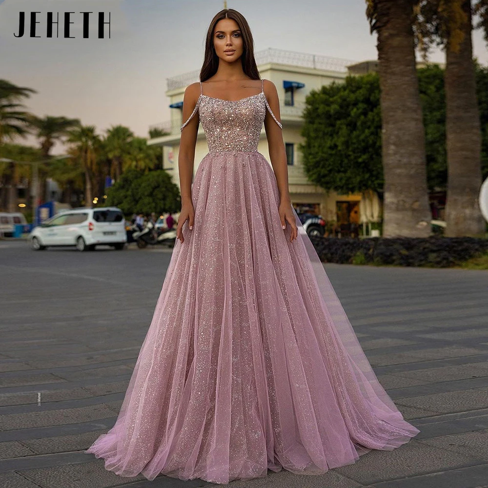 JEHETH Blush Pink Sequin Prom Dress Tulle Spaghetti Strap A Line Long Formal Evening Party Gowns For Women Floor Length Lace Up