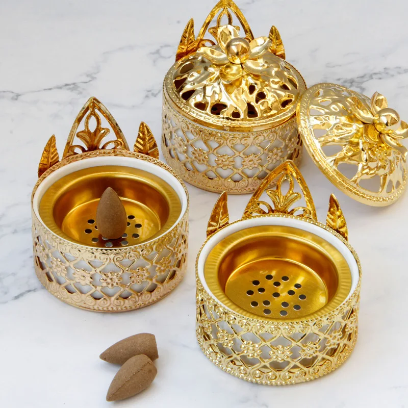 

Golden Incense Burner Indoor Desktop Decoration Air Humidifier Cone Incense Holder Arab Evaporator Home Fragrance Religious Gift