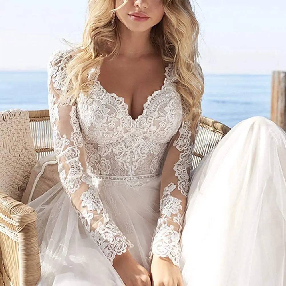

A Line Long Sleeves Wedding Dresses Lace Bridal Gowns 2022 Tulle Ivory Vestido De Novia Open Back свадебное платье