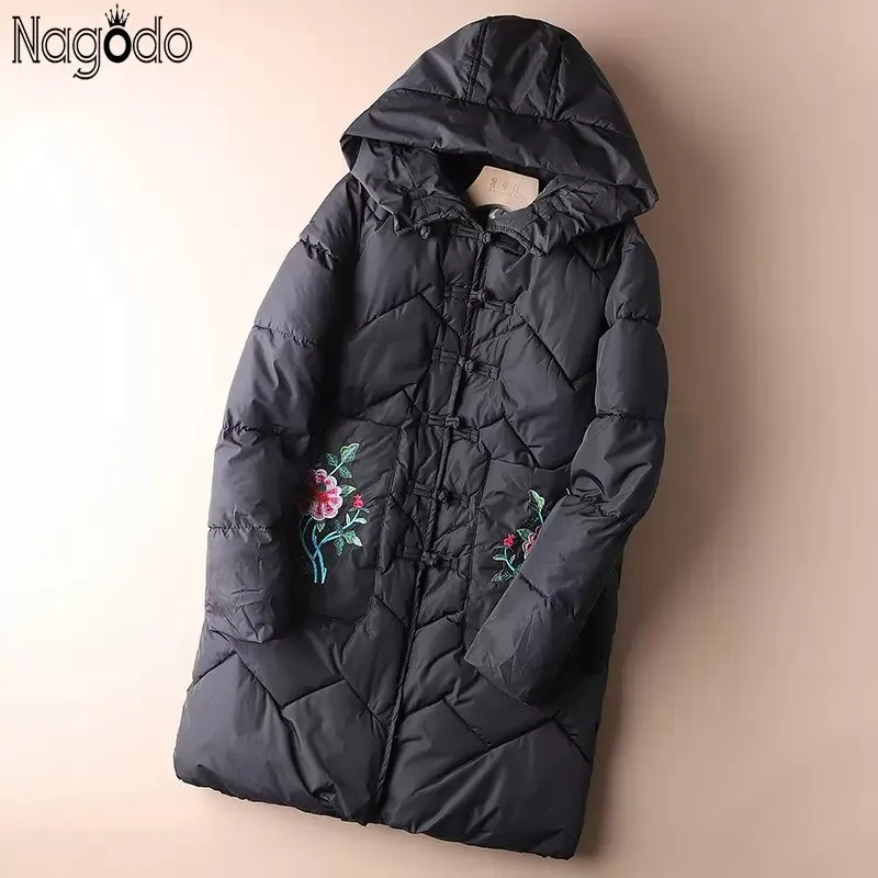 Nagod Winter Women Long Coat 2022 Ethnic Style Retro Warm Casual Loose Hooded Jaket Bubble Coat Cotton padded Parka Mujer M-2XL