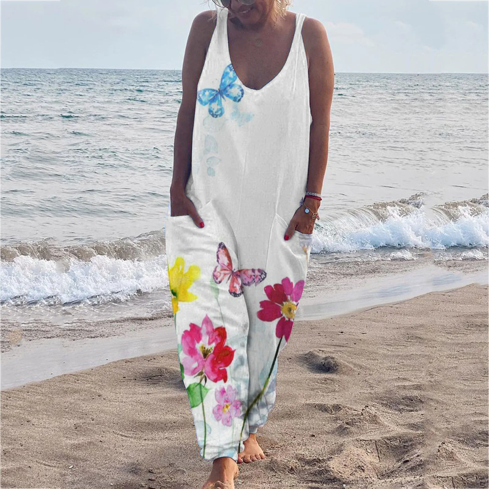 

Women's Jumpsuit Elegant Vintage Butterfly Floral Print Rompers Summer Lady Harem Pants Spaghetti Strap Overalls Daily Bodysuit