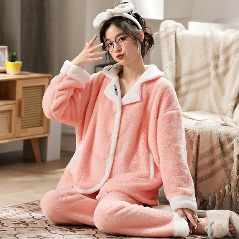 Coral Fleece Pajamas for Women Winter Korean Edition Trend Sweet Thick Flannel Lovely Home Dress Ladies Warm Loose Leisure Suit