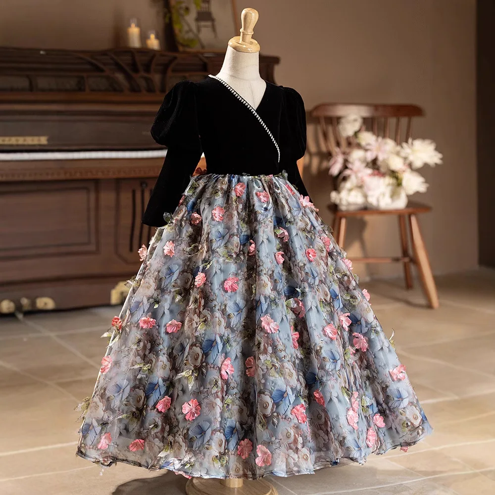 Новинка 2025 детское вечернее платье принцессы модный цветочный дизайн платья для