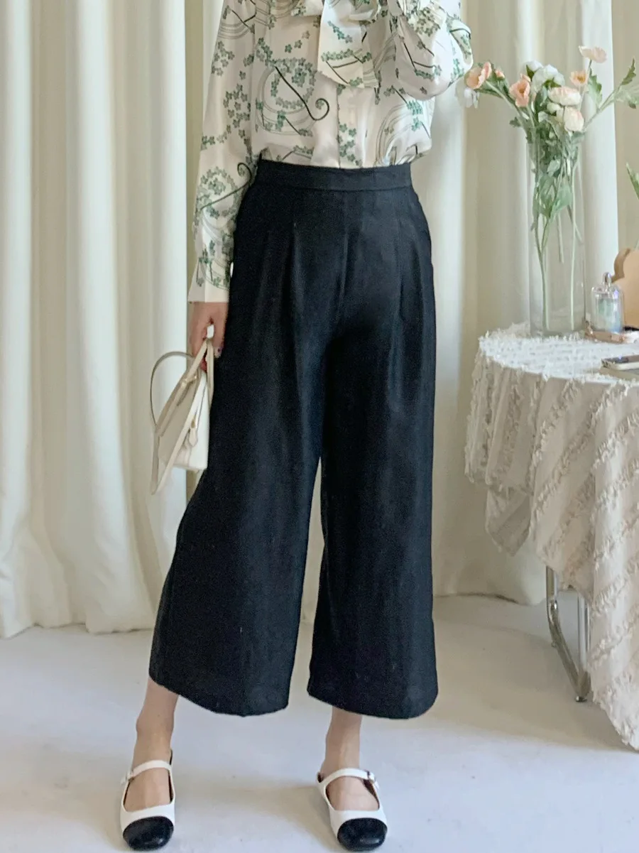 

Женские широкие брюки из 100% шелка, черные облегающие брюки средней длины с поясом на резинке, новинка весны-лета 2023