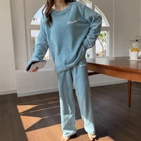fashion trend cute home clothes plus velvet warm autumn and winter new loose simple coral fleece pajamas