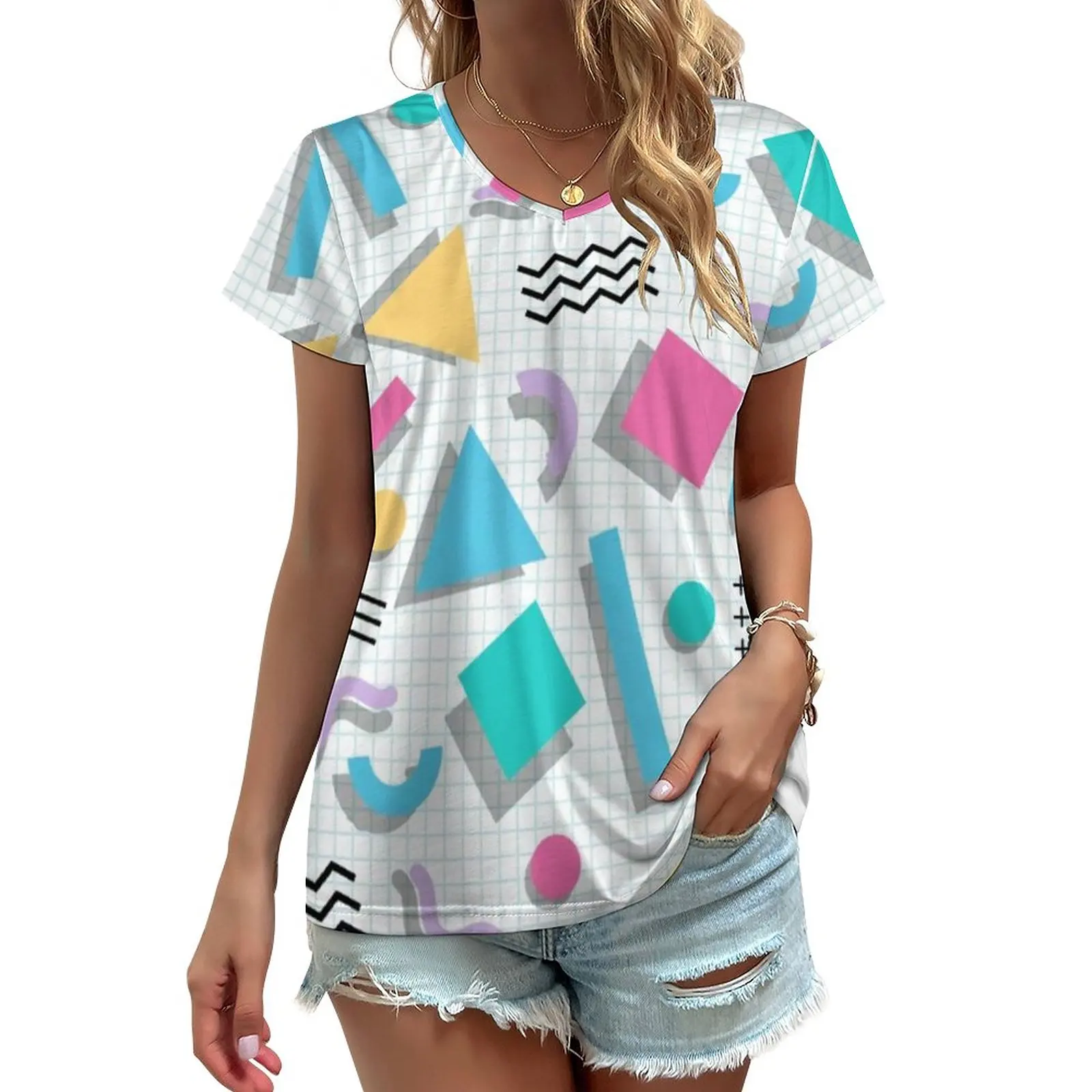 

Футболка Мемфиса с геометрическим рисунком, современные футболки большого размера, футболки с коротким рукавом и V-образным вырезом в Корей...