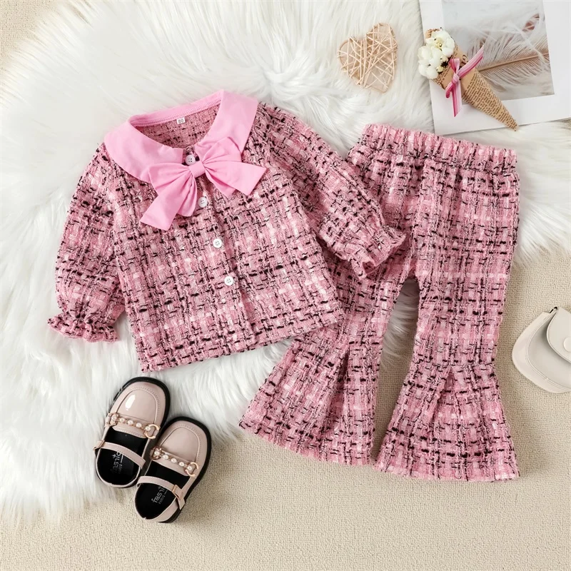 

Fashion Toddler Girls Fall Outfits Plaid Long Sleeve Button Up Shirt Tops with Stretch Flare Pants Casual 2pcs Clothes Sets