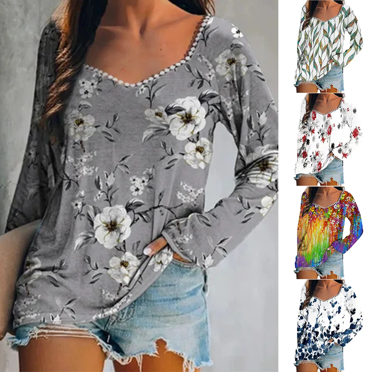 

Autumn Winter 2022 New Women's Elegant Lace Floral Printed Casual T-shirt Top Casual V Neck Loose Long Sleeve Pullover Tee Shirt
